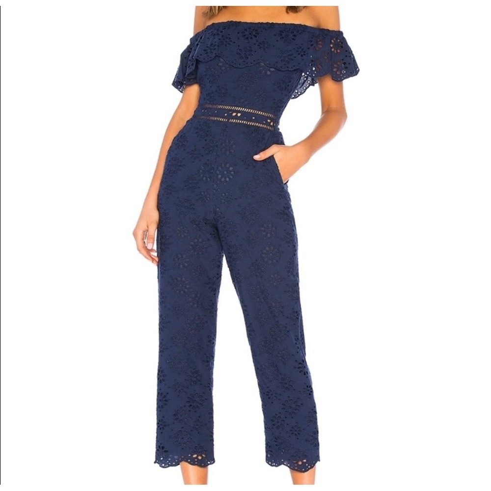 Lovers + Friends Navy Blue Eyelet Jumpsuit Off Shoulder Ruffle Cotton Size M